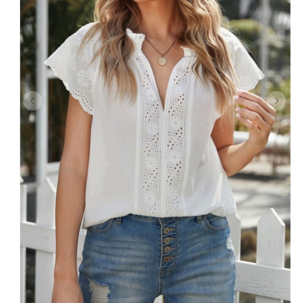 White embroidered eyelet cap sleeve cotton top - Picture 6 of 8